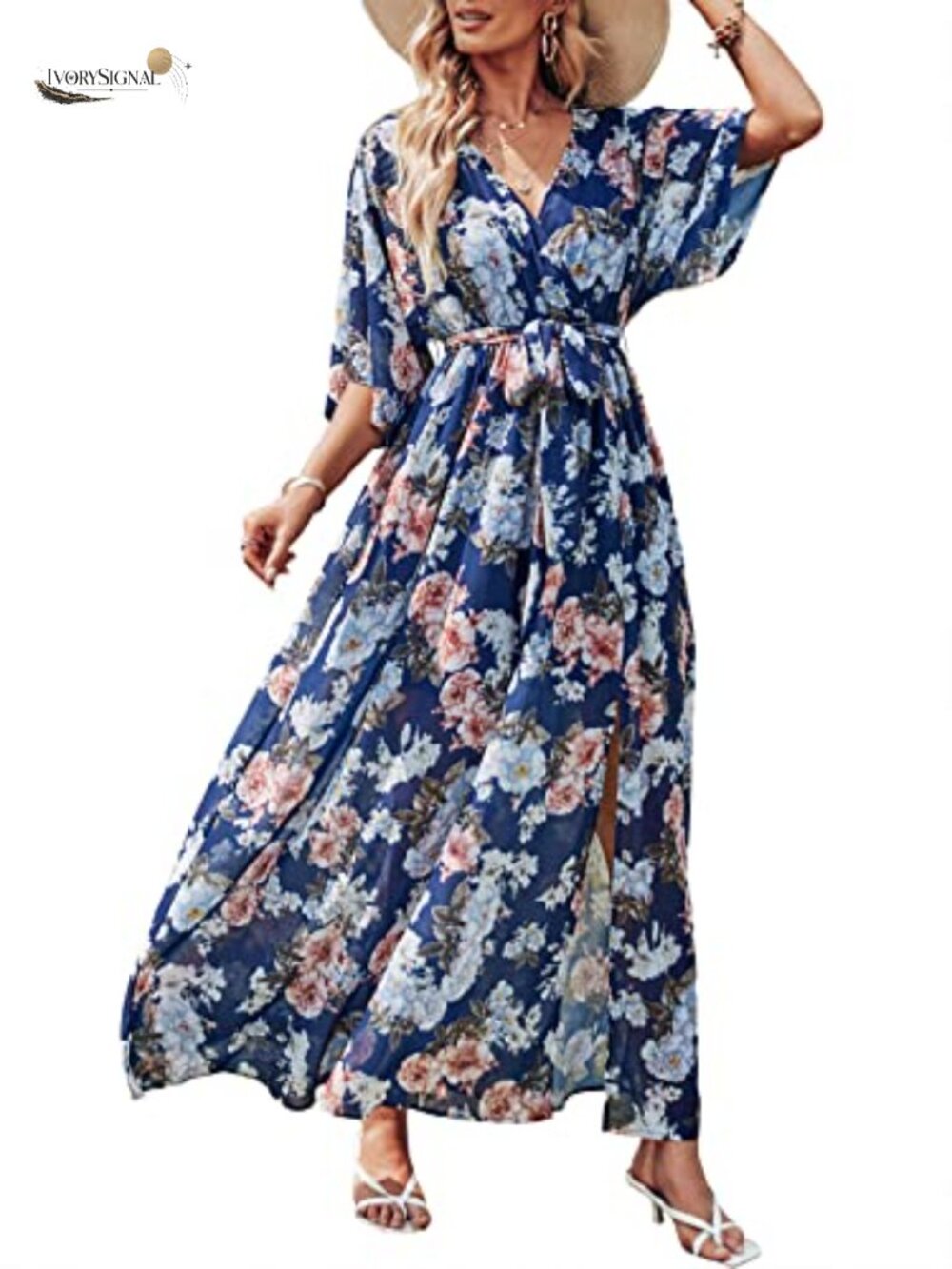 Women's Boho Floral Maxi Dress V-Neck 3/4 Sleeve Chiffon A-Line